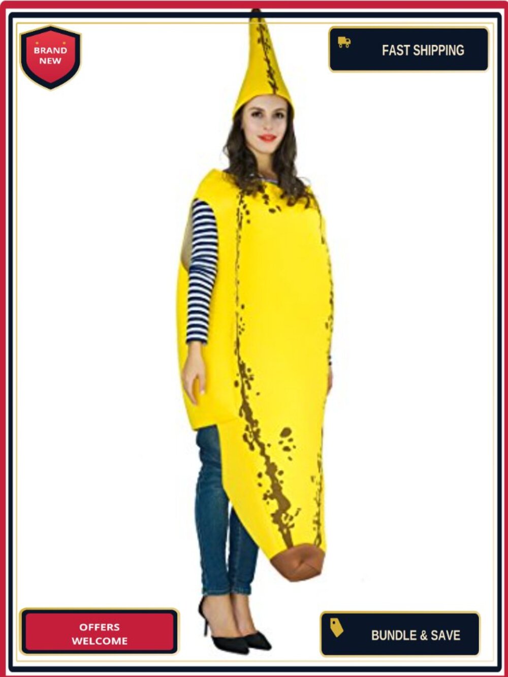 Adult Banana Costume Jumpsuit Hat Halloween Carnival Party